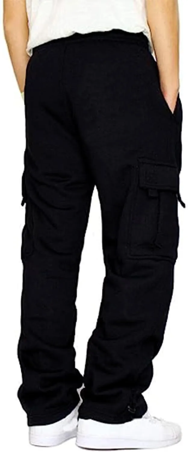 Mens Fleece Cargo Joggers Sweatpants Baggy Pants Stretch Elastic Waist Drawstring Sweats Pant with Pockets