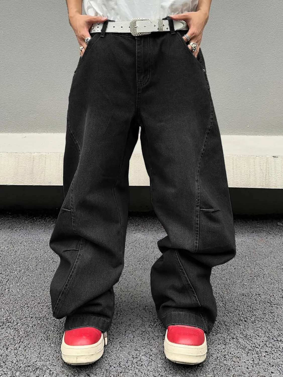 Men's Irregular Sutures Y2k Hip Hop Baggy Jeans Wide Leg Denim Pants Casual Loose Fit Trousers Streetwear