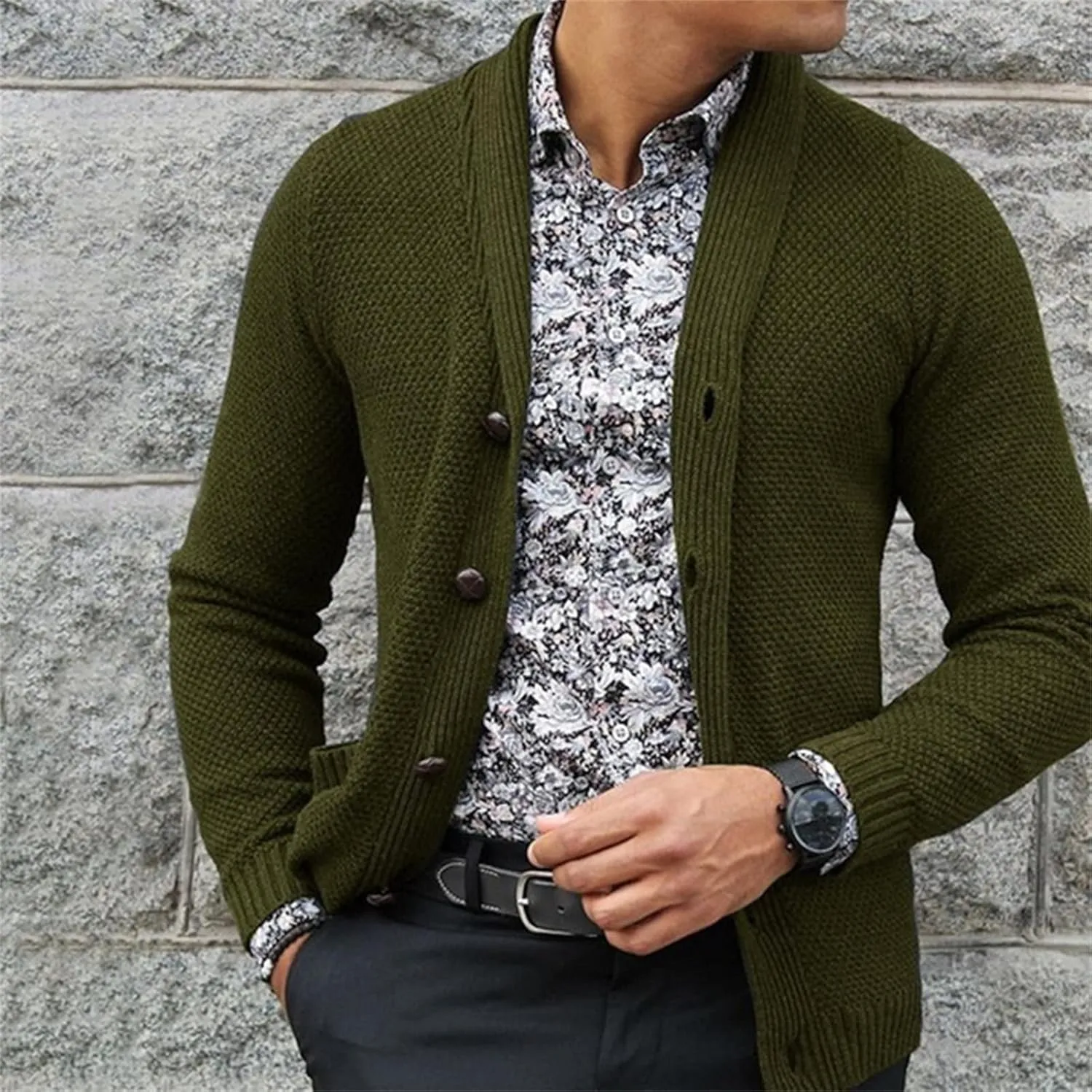 Men's Knit Shawl Collar Cardigan Ribbing Edge Button Down Sweater Pockets Soft Touch Regular Solid Thick Knitwear