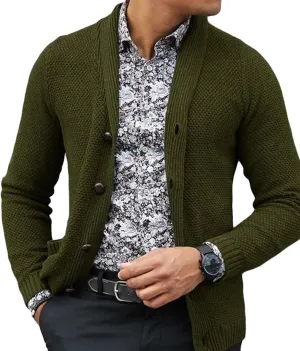 Men's Knit Shawl Collar Cardigan Ribbing Edge Button Down Sweater Pockets Soft Touch Regular Solid Thick Knitwear