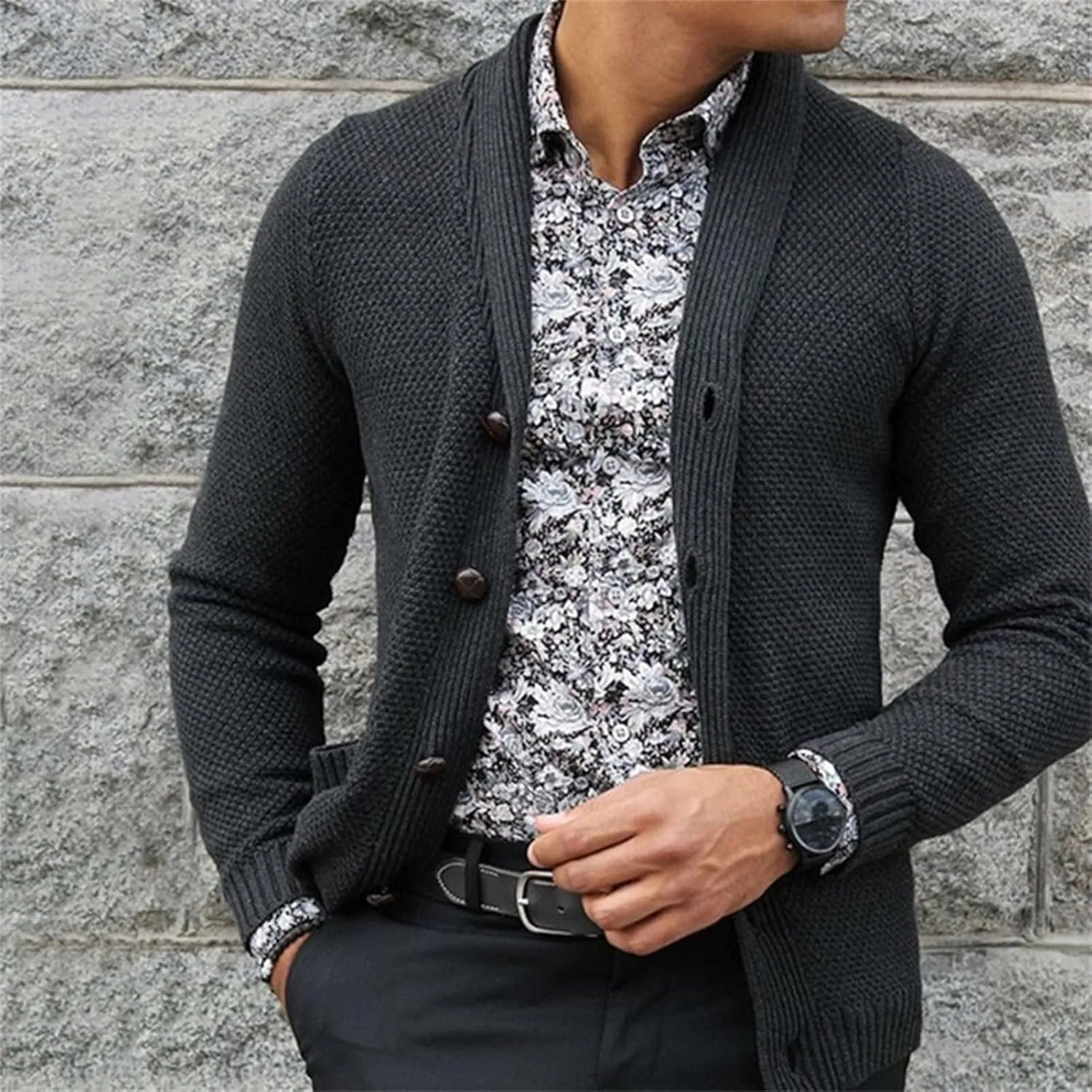 Men's Knit Shawl Collar Cardigan Ribbing Edge Button Down Sweater Pockets Soft Touch Regular Solid Thick Knitwear