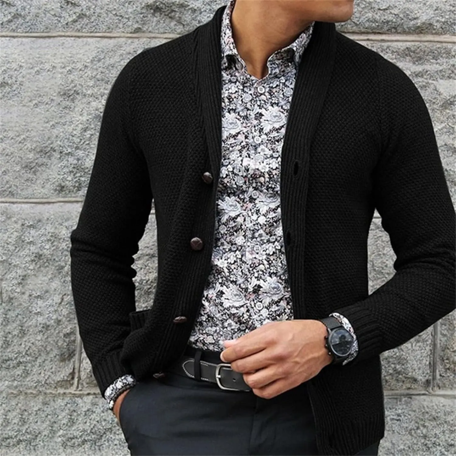Men's Knit Shawl Collar Cardigan Ribbing Edge Button Down Sweater Pockets Soft Touch Regular Solid Thick Knitwear