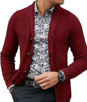 Men's Knit Shawl Collar Cardigan Ribbing Edge Button Down Sweater Pockets Soft Touch Regular Solid Thick Knitwear