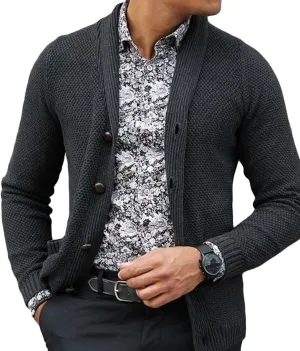 Men's Knit Shawl Collar Cardigan Ribbing Edge Button Down Sweater Pockets Soft Touch Regular Solid Thick Knitwear