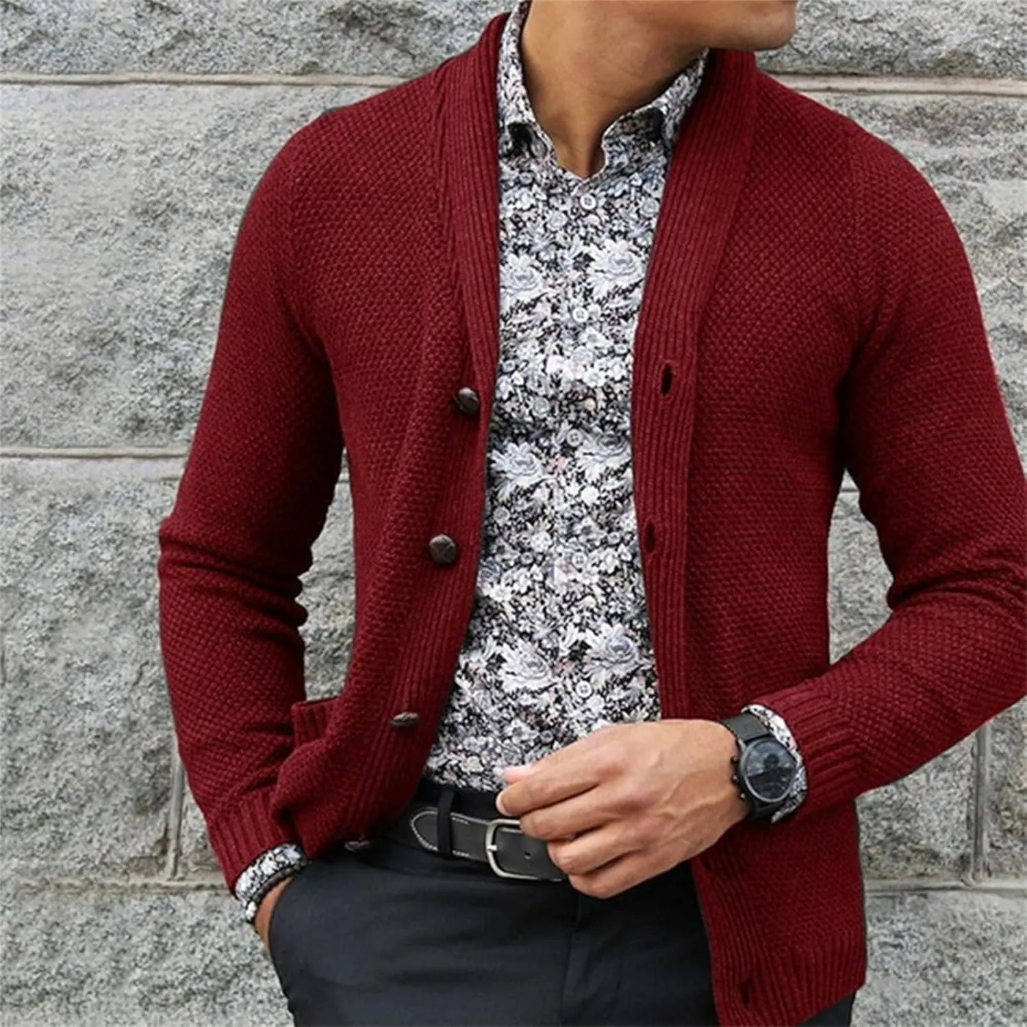 Men's Knit Shawl Collar Cardigan Ribbing Edge Button Down Sweater Pockets Soft Touch Regular Solid Thick Knitwear