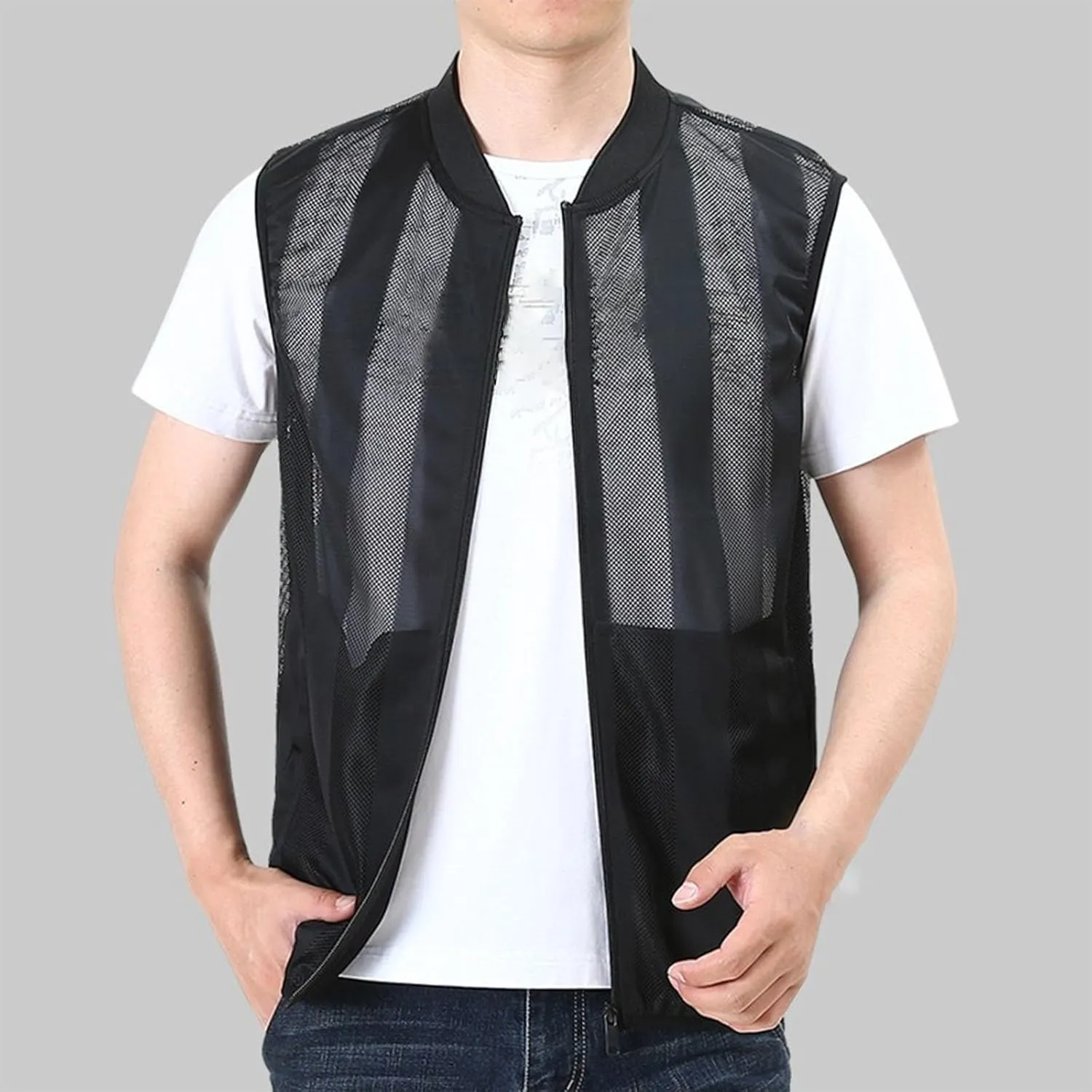 Mens Lightweight Casual Breathable Mesh Cycling Running Travel Vest Summer Vest Full Zip Sleeveless Jacket, Large