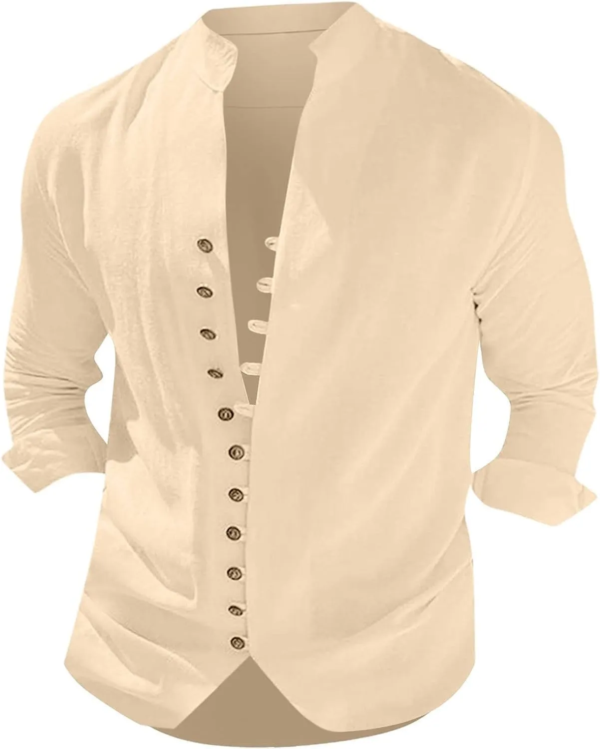 Mens Long Sleeve Linen Shirt Button up Loose fit Vintage Shirts Banded Collar high Elastic Tops Henley Shirt