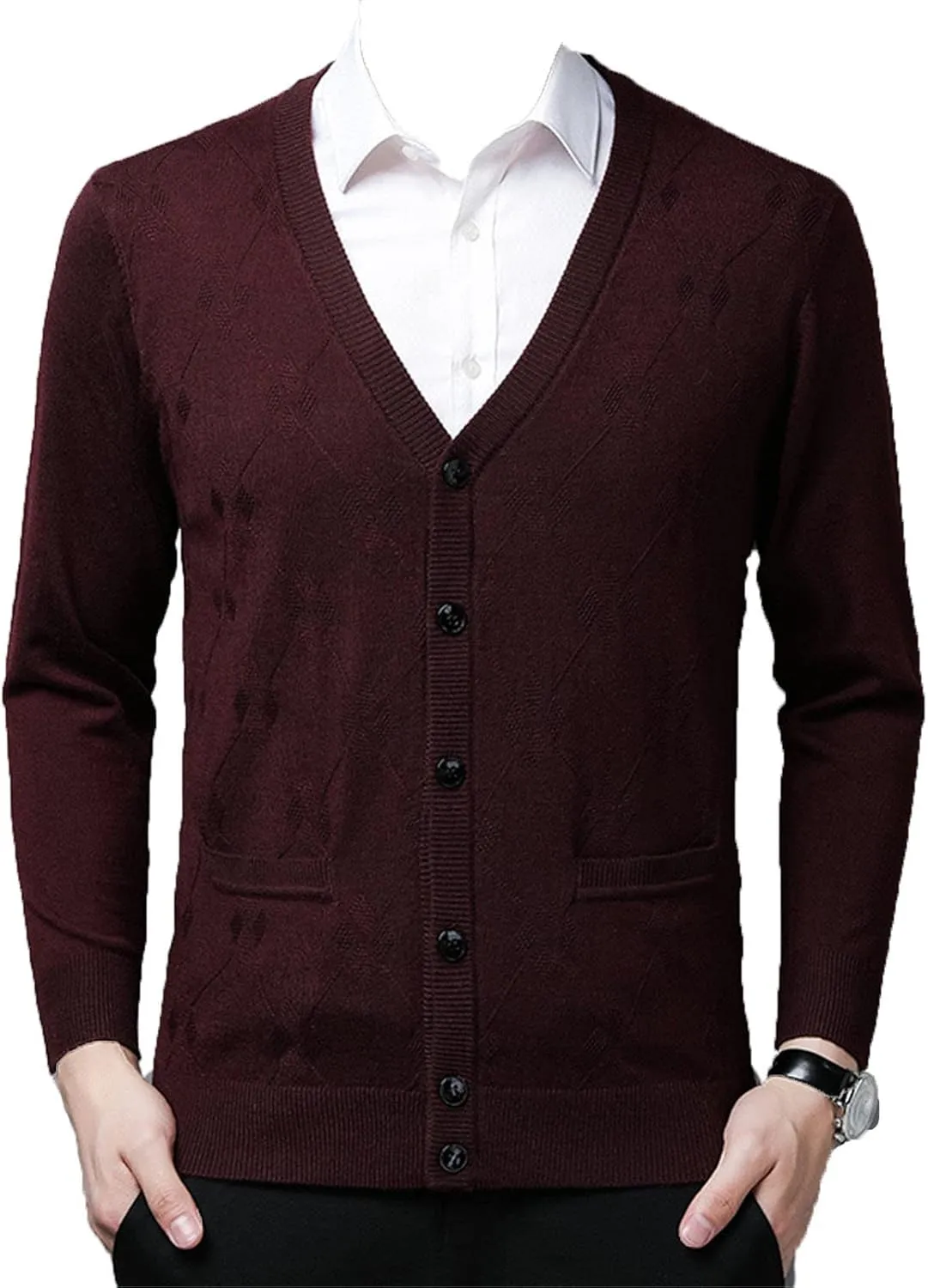 Men's Long-Sleeve Soft Touch Cardigan Sweater Check Straight Fit Thin Knitted Top V Neck Buttons Sweater Coat with Pockets (Red-Brown,3X-Large)