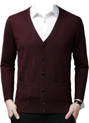 Men's Long-Sleeve Soft Touch Cardigan Sweater Check Straight Fit Thin Knitted Top V Neck Buttons Sweater Coat with Pockets (Red-Brown,3X-Large)