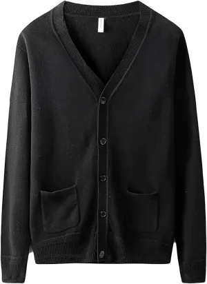 Men's Long-Sleeve Soft Touch Cardigan Sweater Regular Fit Casual Thick Knitted Top V Neck Buttons Sweater Coat with Pockets (Black,XX-Large)