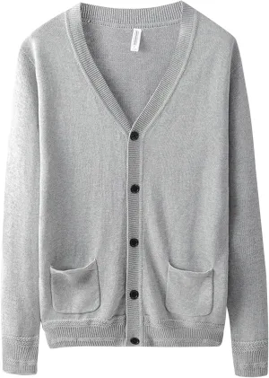 Men's Long-Sleeve Soft Touch Cardigan Sweater Regular Fit Casual Thick Knitted Top V Neck Buttons Sweater Coat with Pockets (Grey,Medium)