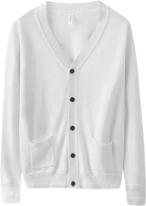 Men's Long-Sleeve Soft Touch Cardigan Sweater Regular Fit Casual Thick Knitted Top V Neck Buttons Sweater Coat with Pockets (White,Small)