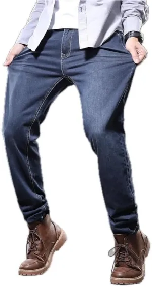 Men's Loose Fit Straight Leg Jeans Trousers with Embroidery Detailing Distressed and Washed Denim Pants Mid Waist