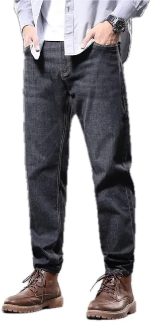 Men's Loose Fit Straight Leg Jeans Trousers with Embroidery Detailing Distressed and Washed Denim Pants Mid Waist