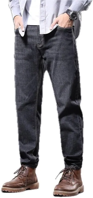 Men's Loose Fit Straight Leg Jeans Trousers with Embroidery Detailing Distressed and Washed Denim Pants Mid Waist