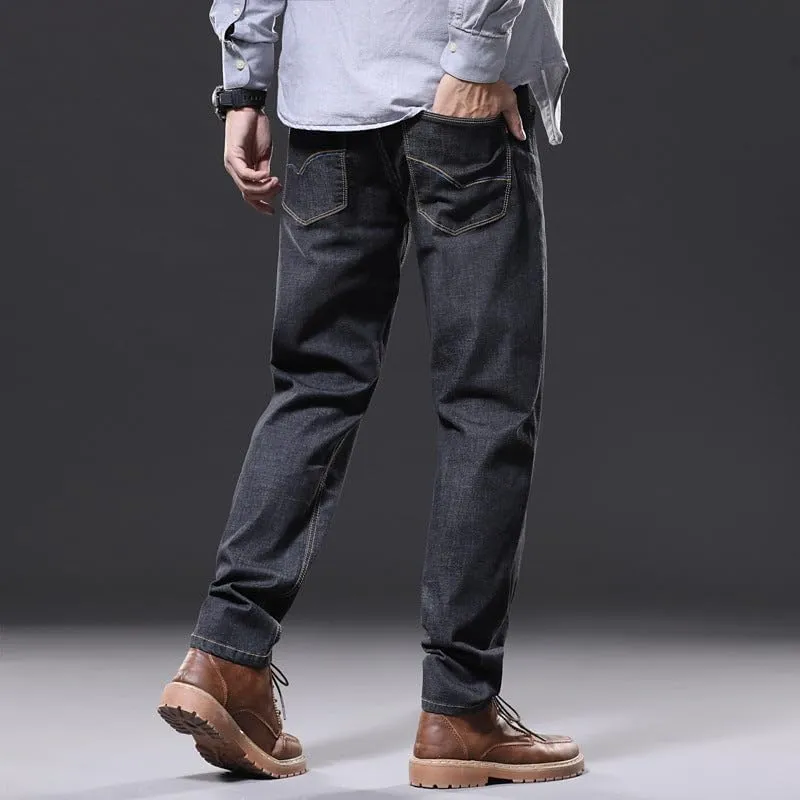 Men's Loose Fit Straight Leg Jeans Trousers with Embroidery Detailing Distressed and Washed Denim Pants Mid Waist