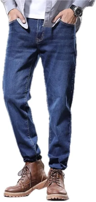 Men's Loose Fit Straight Leg Jeans Trousers with Embroidery Detailing Distressed and Washed Denim Pants Mid Waist