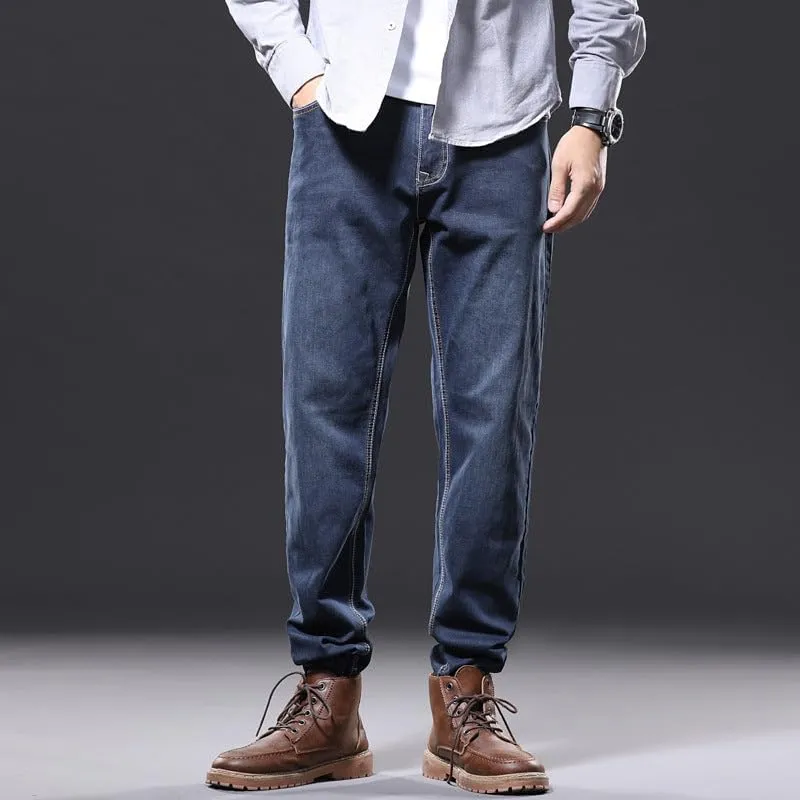 Men's Loose Fit Straight Leg Jeans Trousers with Embroidery Detailing Distressed and Washed Denim Pants Mid Waist