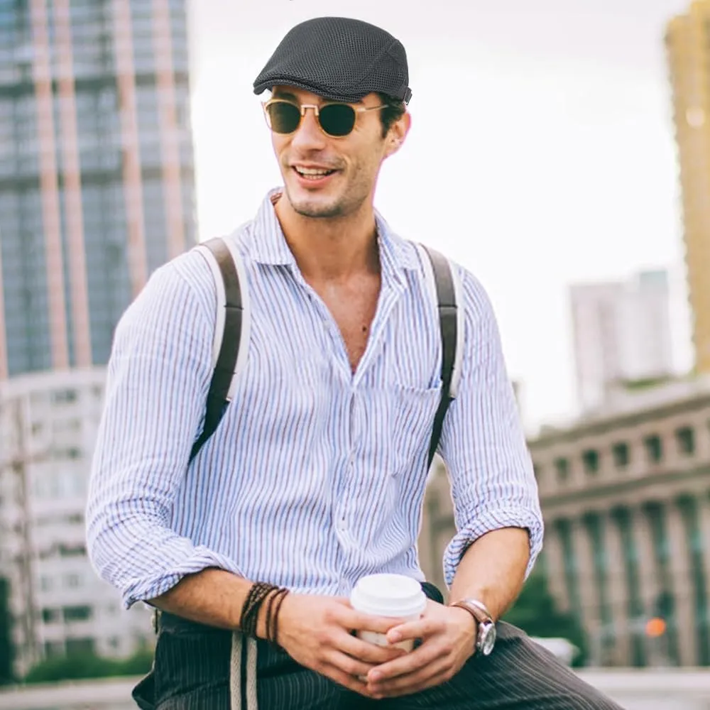 Men's Mesh Cap Breathable Summer Newsboy Hat Adjustable Beret Ivy Cap Irish Cabbie Driving Hunting Hats