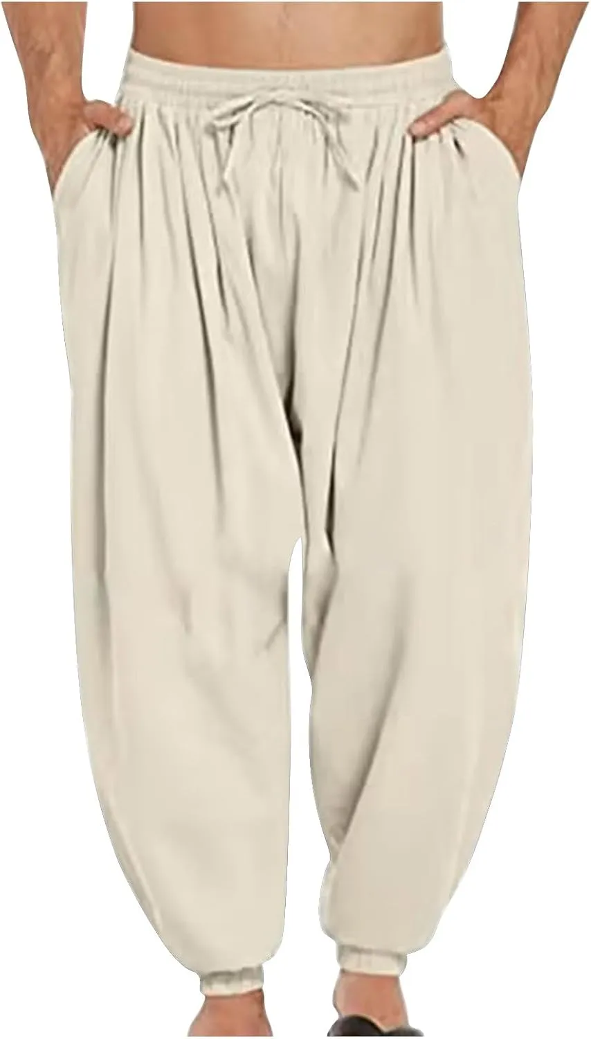 Mens Pants Casual Cinch Bottom Harem Pants Elastic Waist Drawstring Tapered Pant Baggy Breathable Jogger with Pockets