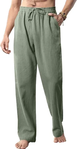 Men's Soft Summer Beach Linen Pants Yoga Comfort Lounge Trousers Lightweight Casual Elastic Waist Slack