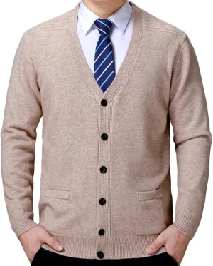Men's Soft Touch Cardigan Sweater Regular Fit Knitted Top Middle-aged V Neck Buttons Casual Sweater Coat (Beige 2,Large)