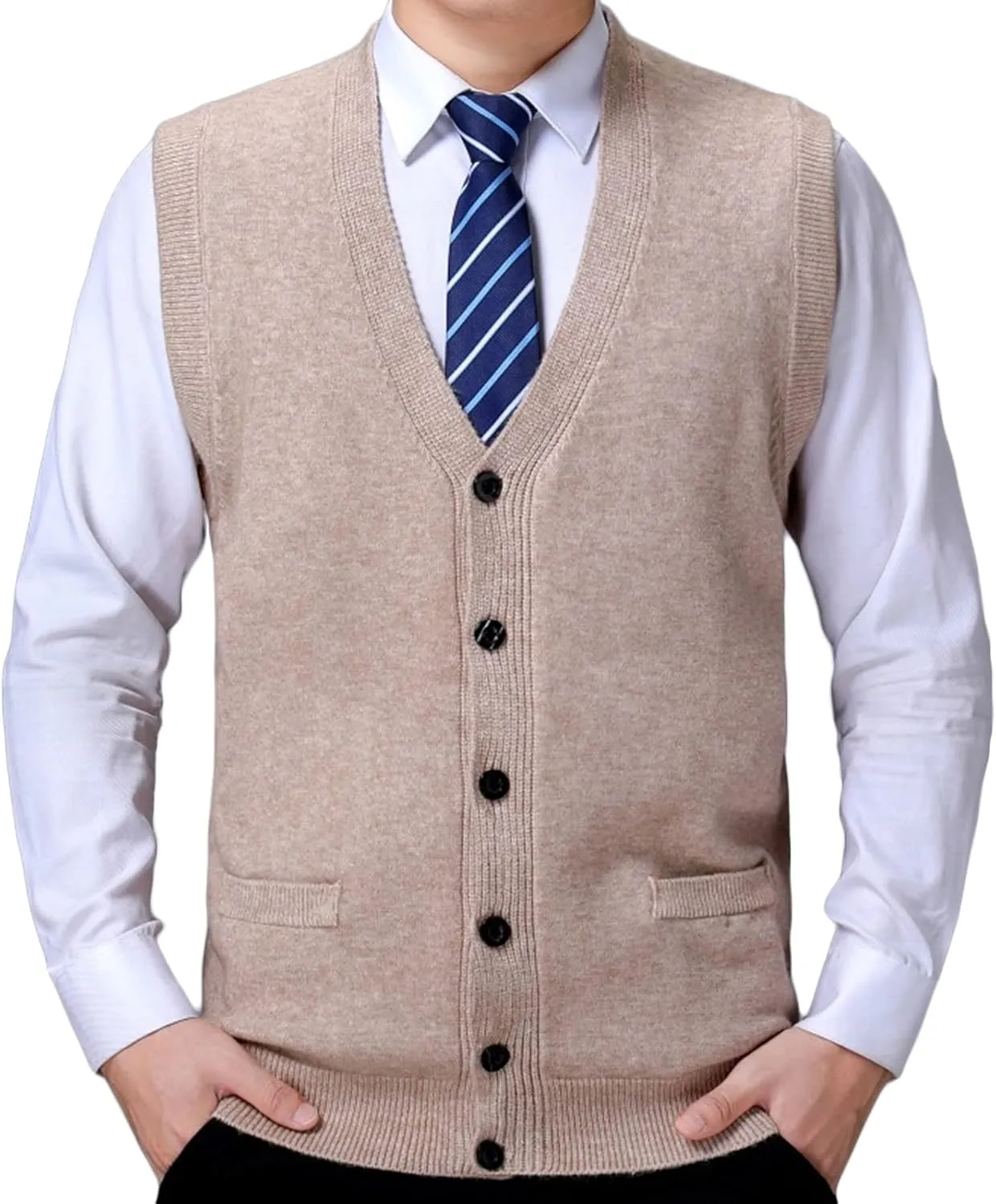 Men's Soft Touch Cardigan Sweater Regular Fit Knitted Top Middle-Aged V Neck Buttons Casual Sweater Coat (Beige 3,XX-Large)