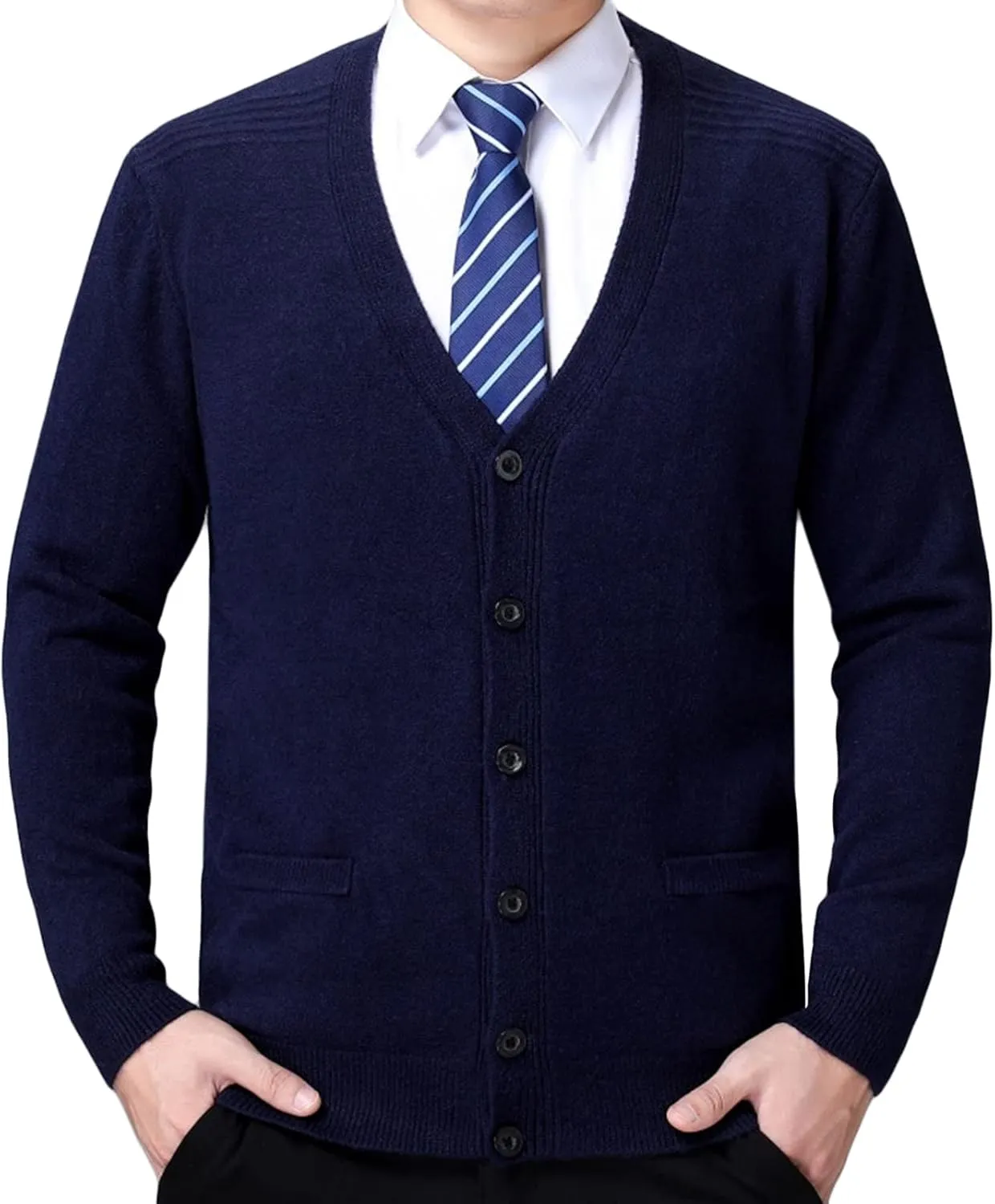 Men's Soft Touch Cardigan Sweater Regular Fit Knitted Top Middle-Aged V Neck Buttons Casual Sweater Coat (Navy Blue 3,4X-Large)