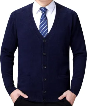 Men's Soft Touch Cardigan Sweater Regular Fit Knitted Top Middle-Aged V Neck Buttons Casual Sweater Coat (Navy Blue 3,4X-Large)