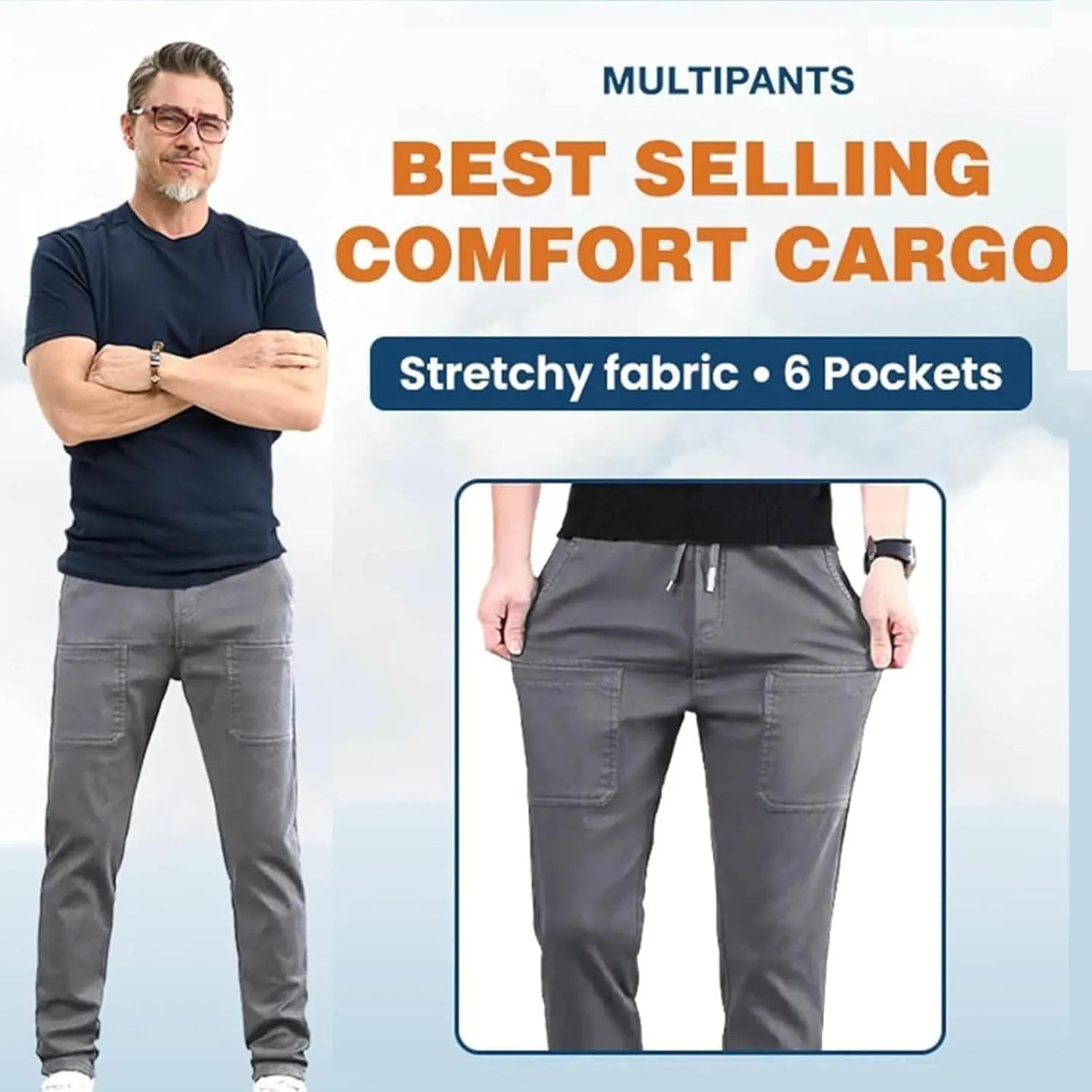 Mens Stretch Cargo Pants Baggy Drawstring Elastic Waist Hiking Joggers Sweatpants Casual Straight Leg Trouser Pockets