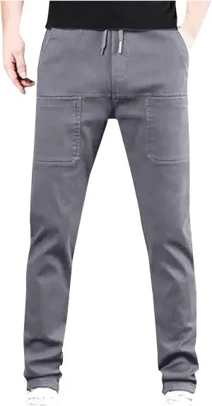 Mens Stretch Cargo Pants Baggy Drawstring Elastic Waist Hiking Joggers Sweatpants Casual Straight Leg Trouser Pockets