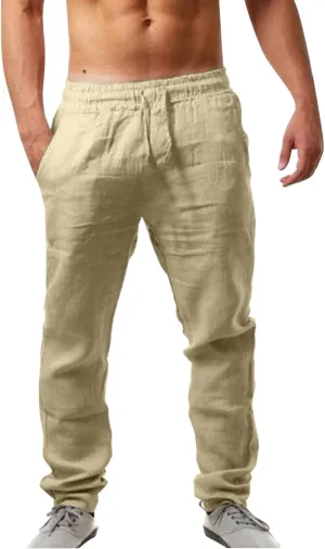 Men's Summer Pants Solid Color Elastic Waist Drawstring Pocket Slim Leg Breathable Soft Fit Summer Fresh Trousers