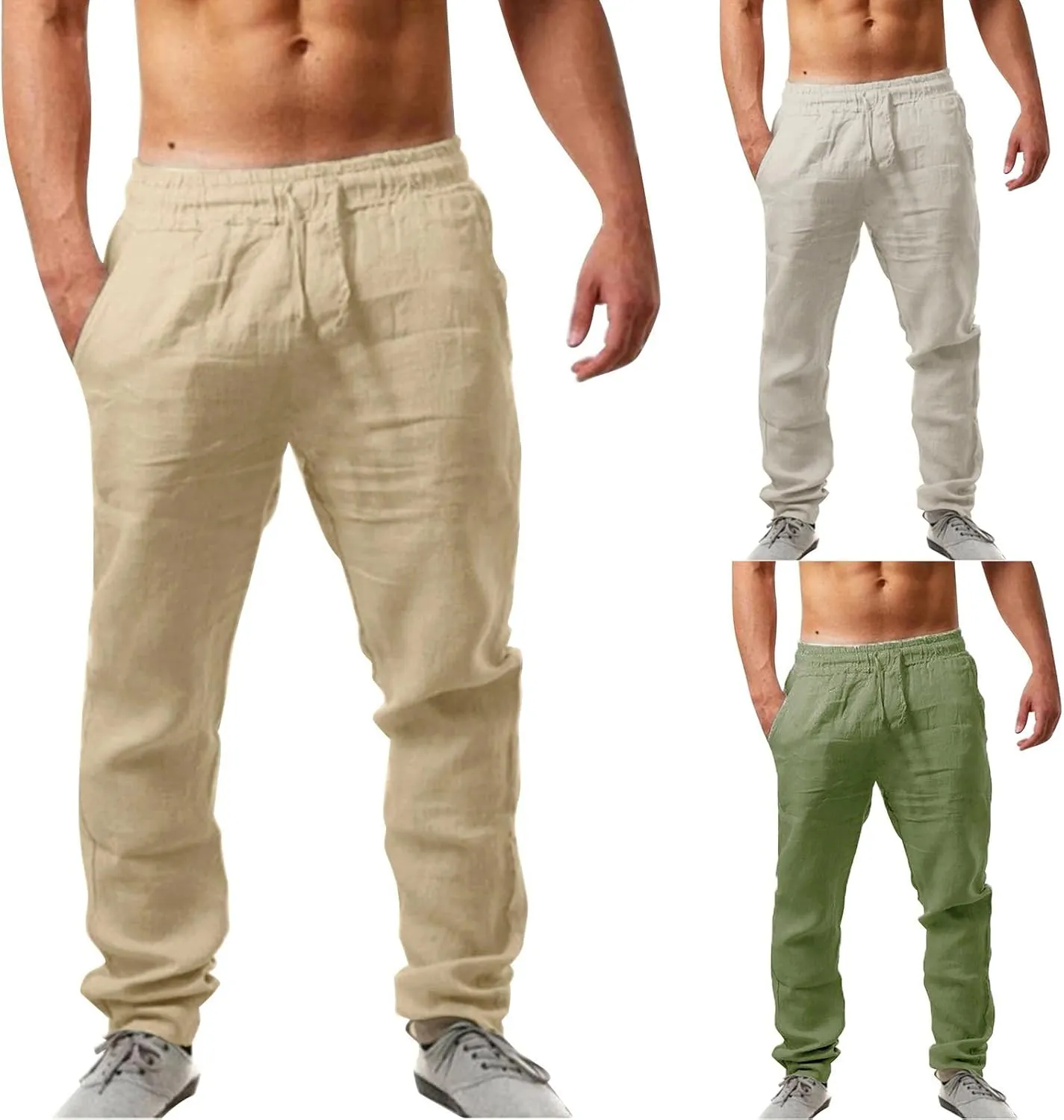 Men's Summer Pants Solid Color Elastic Waist Drawstring Pocket Slim Leg Breathable Soft Fit Summer Fresh Trousers