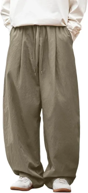 Men's Summer Pants Solid Color Elastic Waist Drawstring Pocket Wide Leg Breathable Soft Fit Summer Fresh Trousers
