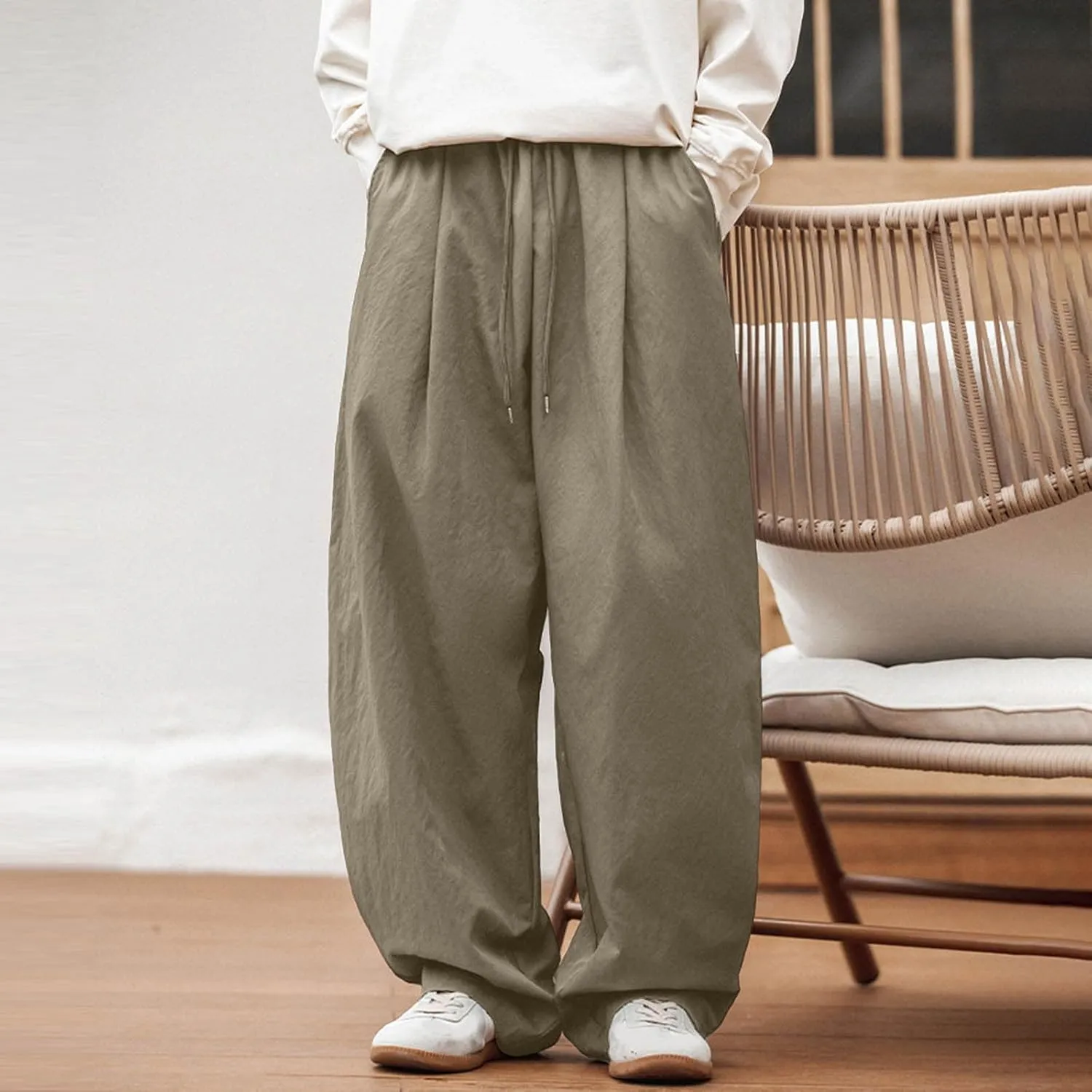 Men's Summer Pants Solid Color Elastic Waist Drawstring Pocket Wide Leg Breathable Soft Fit Summer Fresh Trousers
