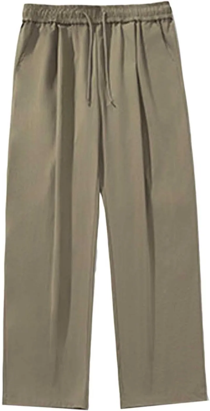 Men's Summer Pants Solid Color Elastic Waist Drawstring Pocket Wide Leg Breathable Soft Fit Summer Fresh Trousers