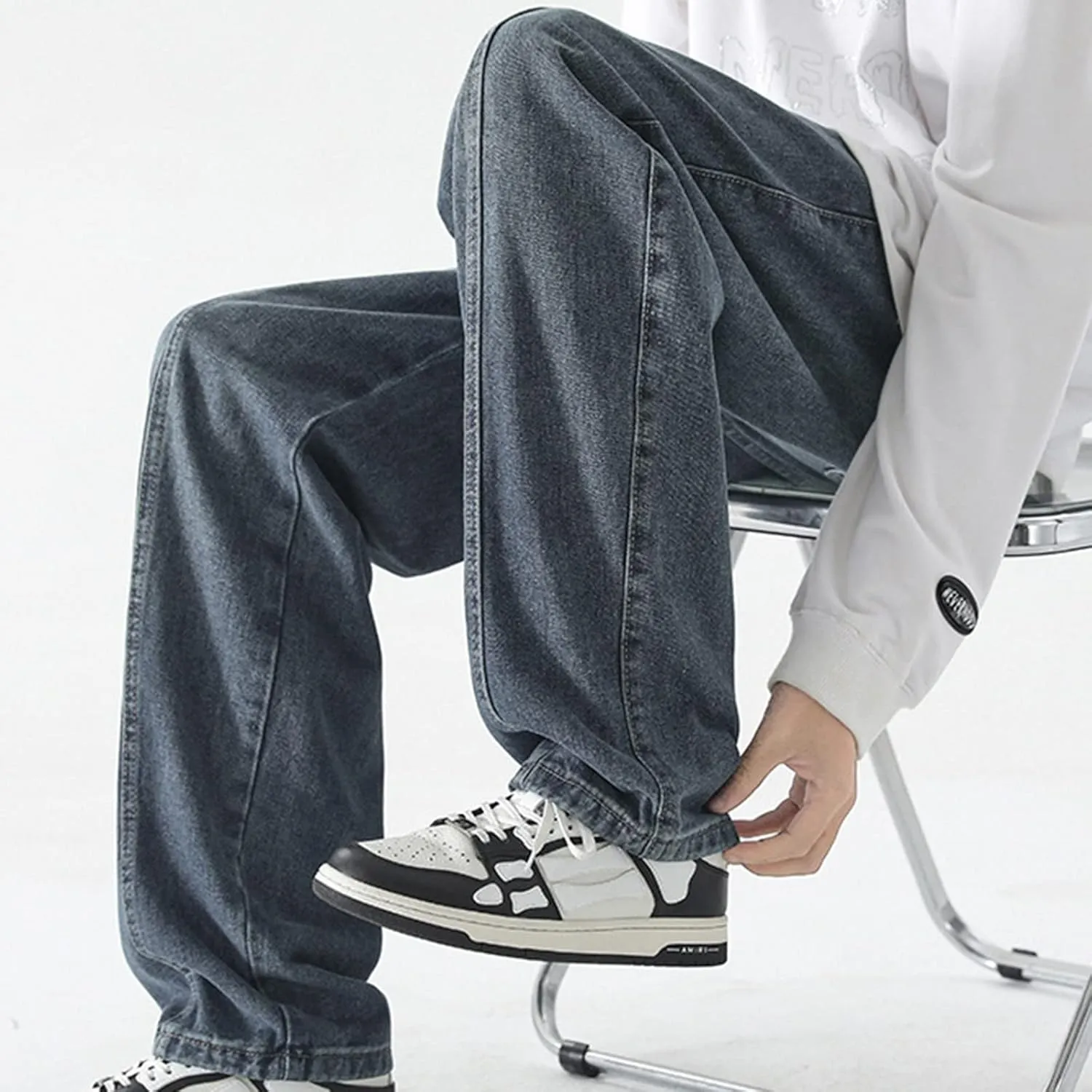 Mens Vintage Straight Denim Jeans Drawstrings Loose Fit Washed Cotton Denim Pants Casual Lightweight Outdoor Trousers