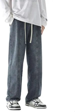 Mens Vintage Straight Denim Jeans Drawstrings Loose Fit Washed Cotton Denim Pants Casual Lightweight Outdoor Trousers