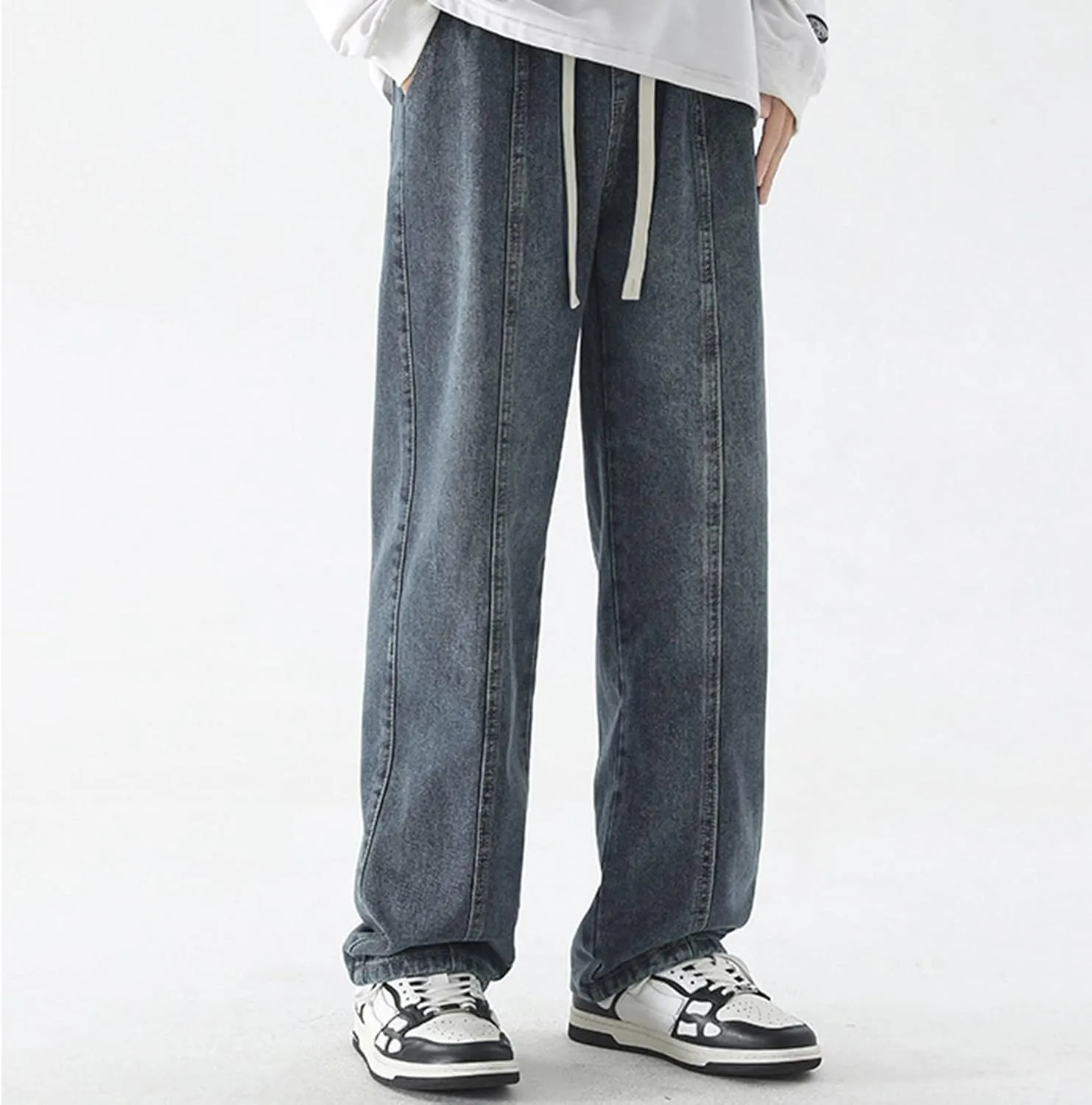Mens Vintage Straight Denim Jeans Drawstrings Loose Fit Washed Cotton Denim Pants Casual Lightweight Outdoor Trousers
