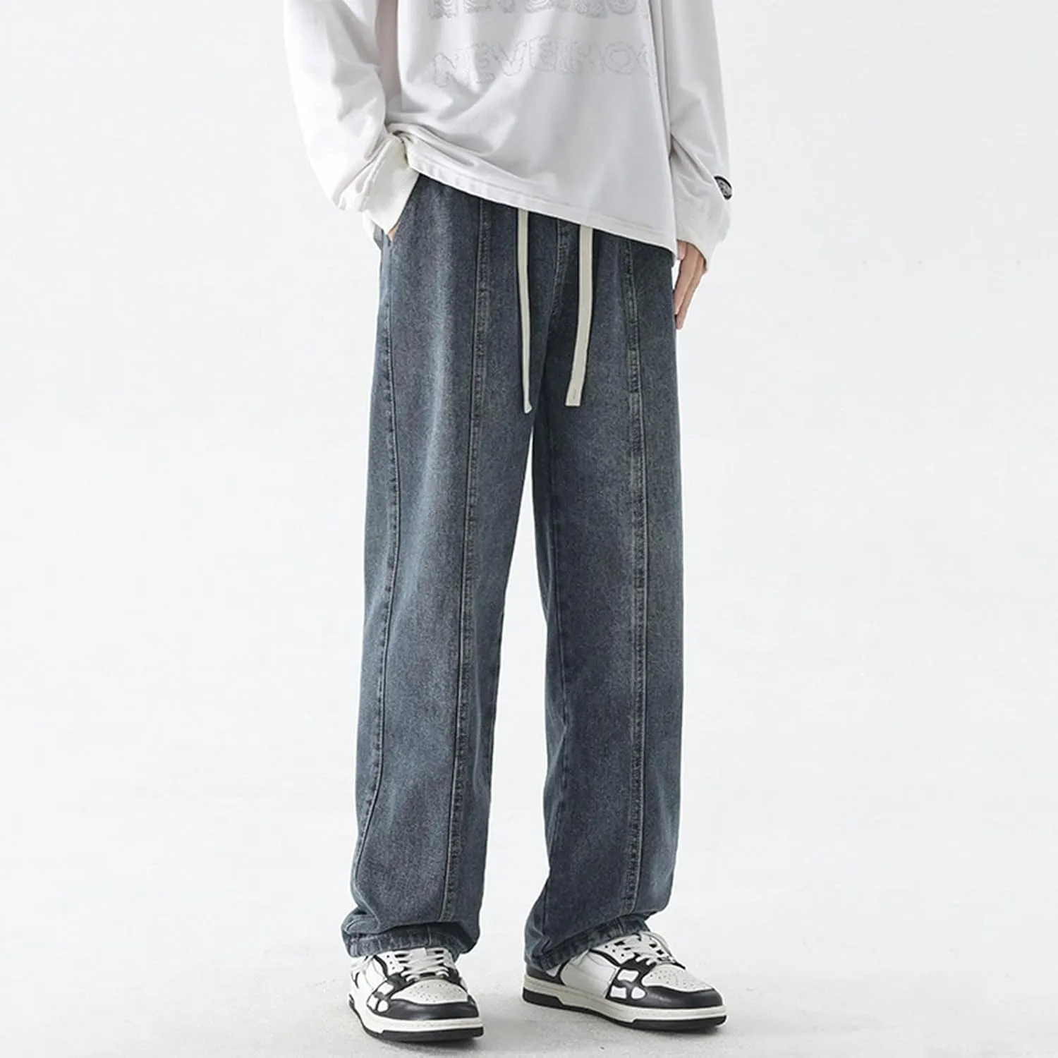Mens Vintage Straight Denim Jeans Drawstrings Loose Fit Washed Cotton Denim Pants Casual Lightweight Outdoor Trousers