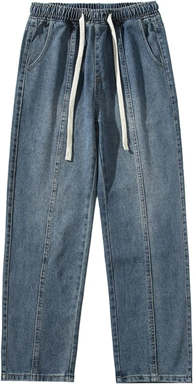 Mens Vintage Straight Denim Jeans Drawstrings Loose Fit Washed Cotton Denim Pants Casual Lightweight Outdoor Trousers