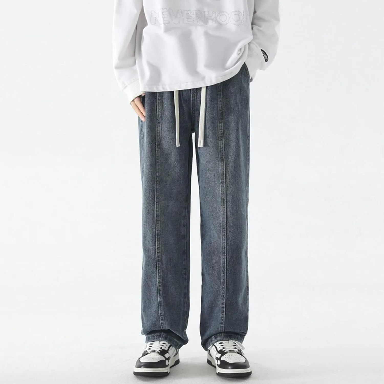 Mens Vintage Straight Denim Jeans Drawstrings Loose Fit Washed Cotton Denim Pants Casual Lightweight Outdoor Trousers