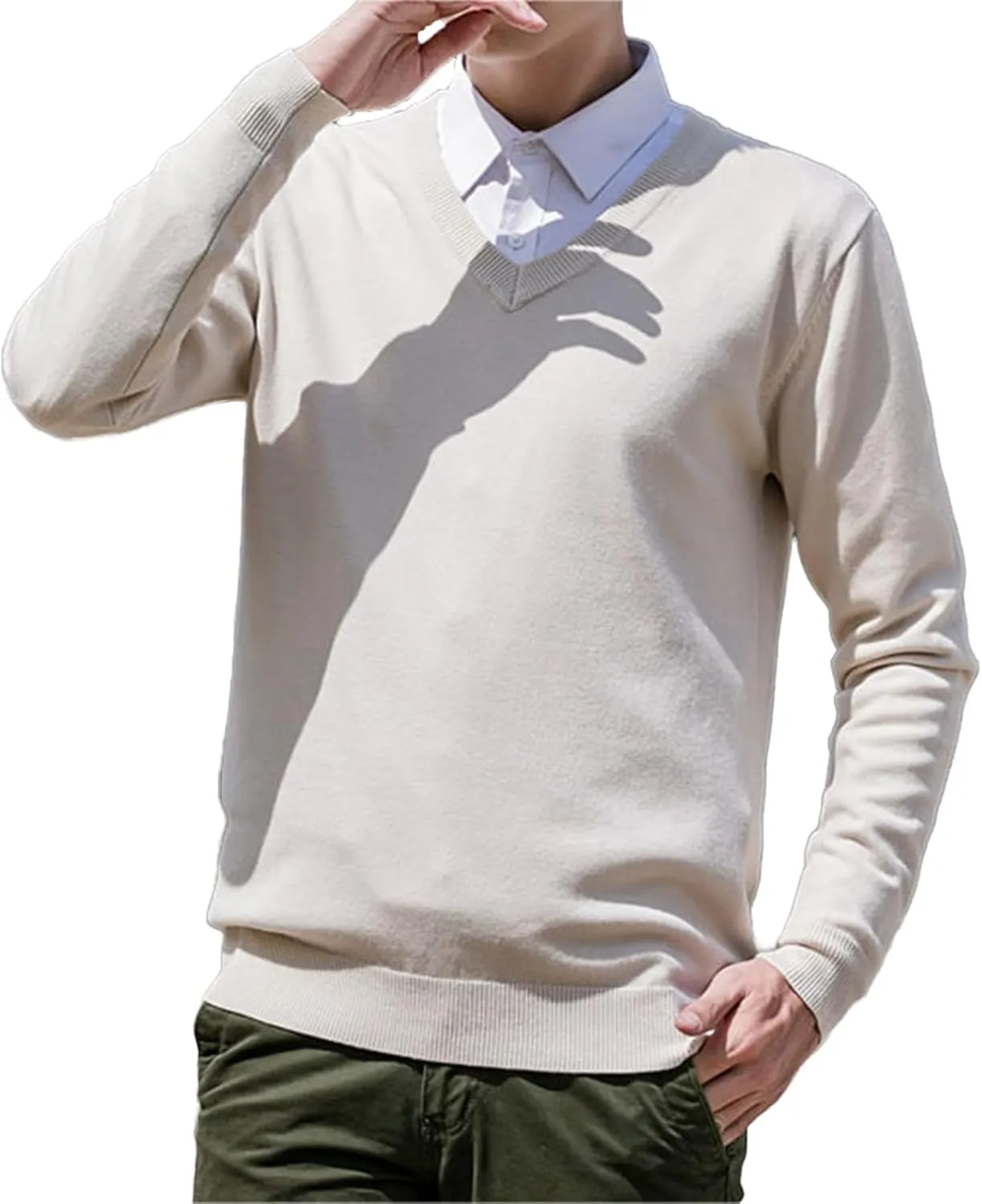 Men's Wool Blend V-Neck Sweater Relaxed Fit Thin Knit Soft Touch Long Sleeve Pullover Fashion Fall Winter Base Shirt