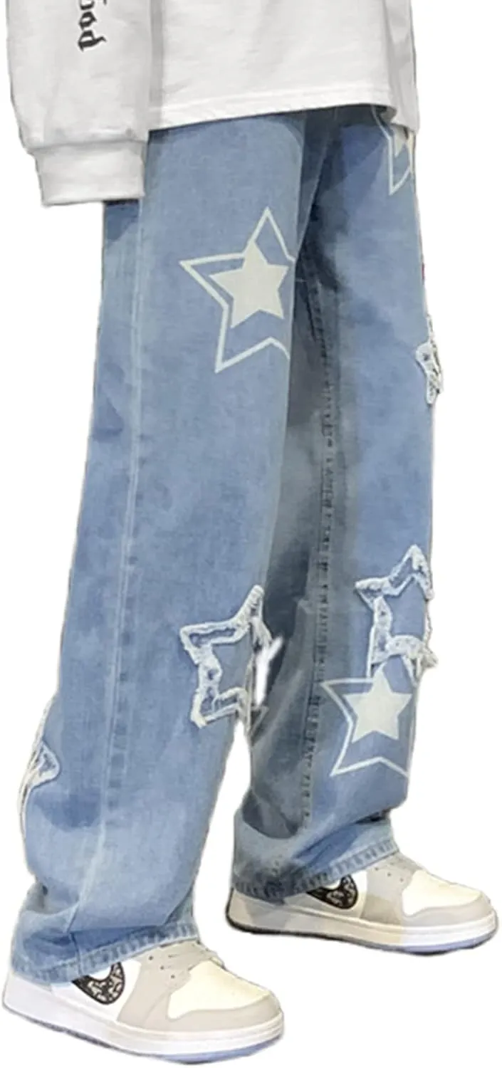 Men's Y2K Jeans Vintage Star Baggy Jean Denim Pants Loose Fit Straight Trousers