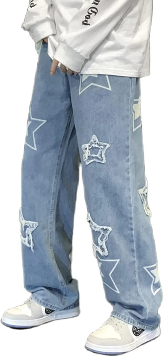 Men's Y2K Jeans Vintage Star Baggy Jean Denim Pants Loose Fit Straight Trousers