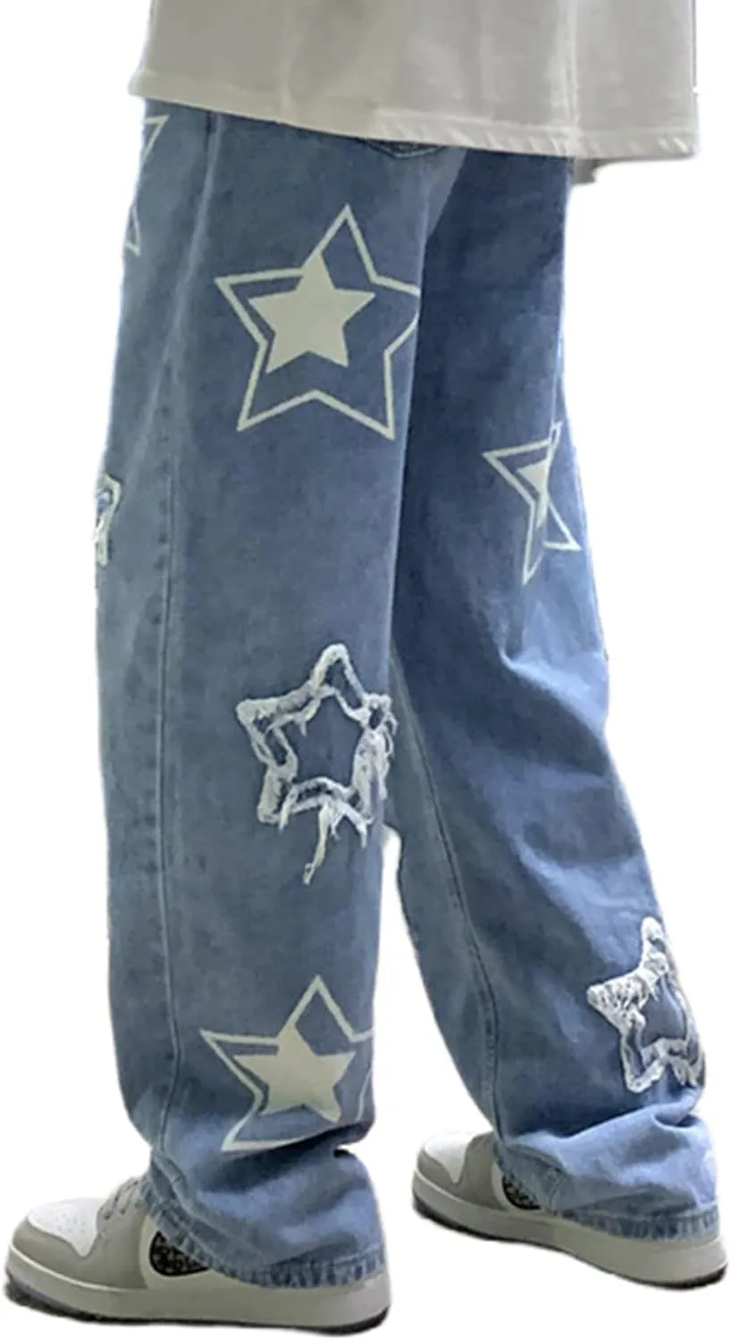 Men's Y2K Jeans Vintage Star Baggy Jean Denim Pants Loose Fit Straight Trousers
