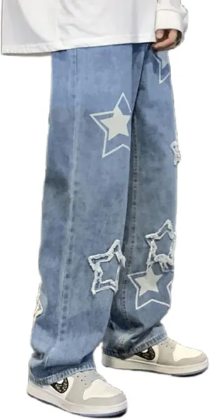 Men's Y2K Jeans Vintage Star Baggy Jean Denim Pants Loose Fit Straight Trousers