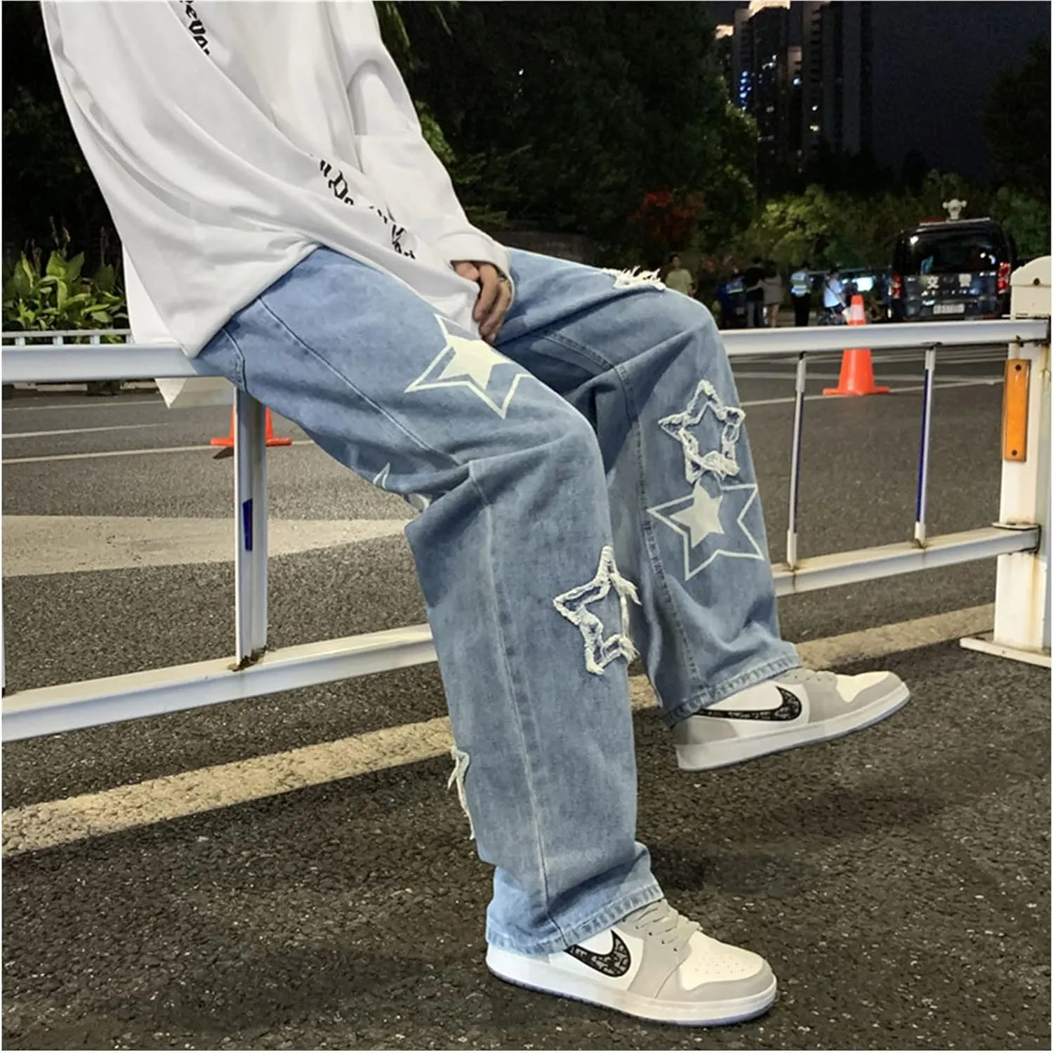 Men's Y2K Jeans Vintage Star Baggy Jean Denim Pants Loose Fit Straight Trousers