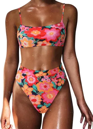 MOSHENGQI Women High Wasited Bikini Shoulder Strap 2 Piece High Cut String Swimsuits