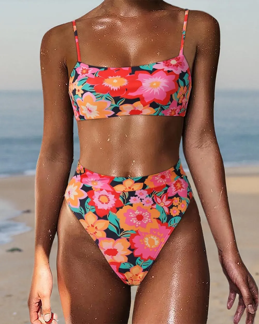 MOSHENGQI Women High Wasited Bikini Shoulder Strap 2 Piece High Cut String Swimsuits